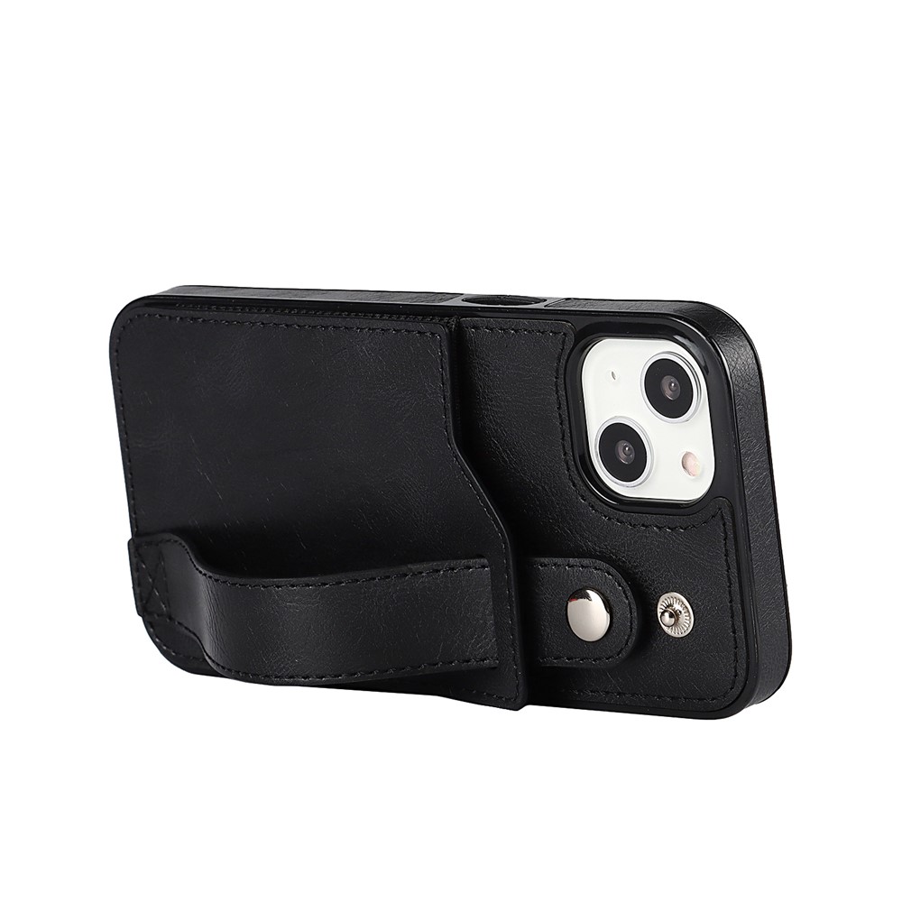 For iPhone 13 6.1 inch RFID Blocking Function Scratch-resistant Hand Strap Kickstand Design PU Leather Coated TPU Cover with Card Slot - Black-4