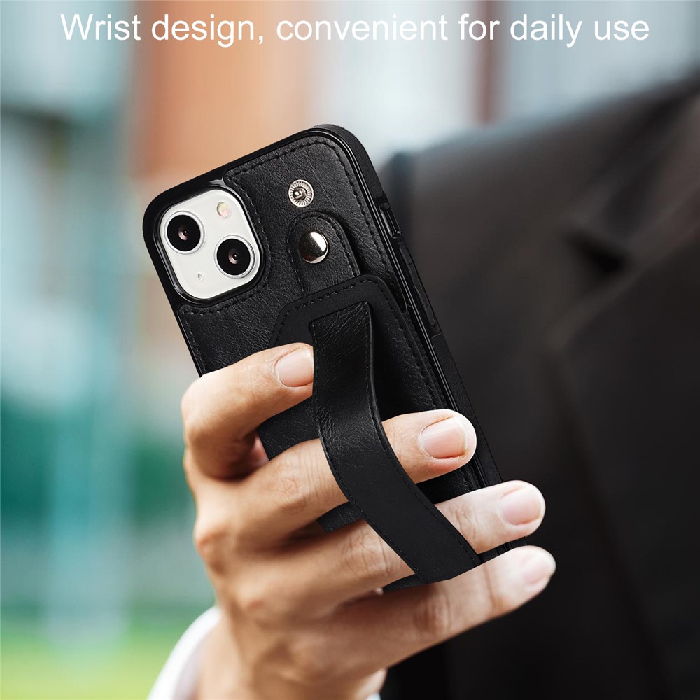 For iPhone 13 6.1 inch RFID Blocking Function Scratch-resistant Hand Strap Kickstand Design PU Leather Coated TPU Cover with Card Slot - Black-6
