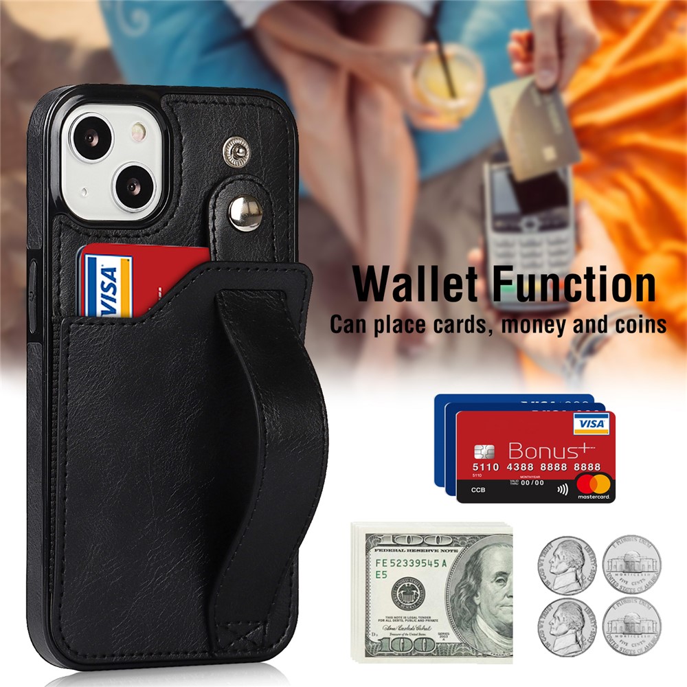 For iPhone 13 6.1 inch RFID Blocking Function Scratch-resistant Hand Strap Kickstand Design PU Leather Coated TPU Cover with Card Slot - Black-7