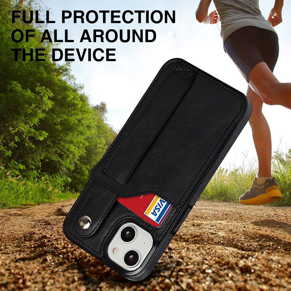 For iPhone 13 6.1 inch RFID Blocking Function Scratch-resistant Hand Strap Kickstand Design PU Leather Coated TPU Cover with Card Slot - Black-8