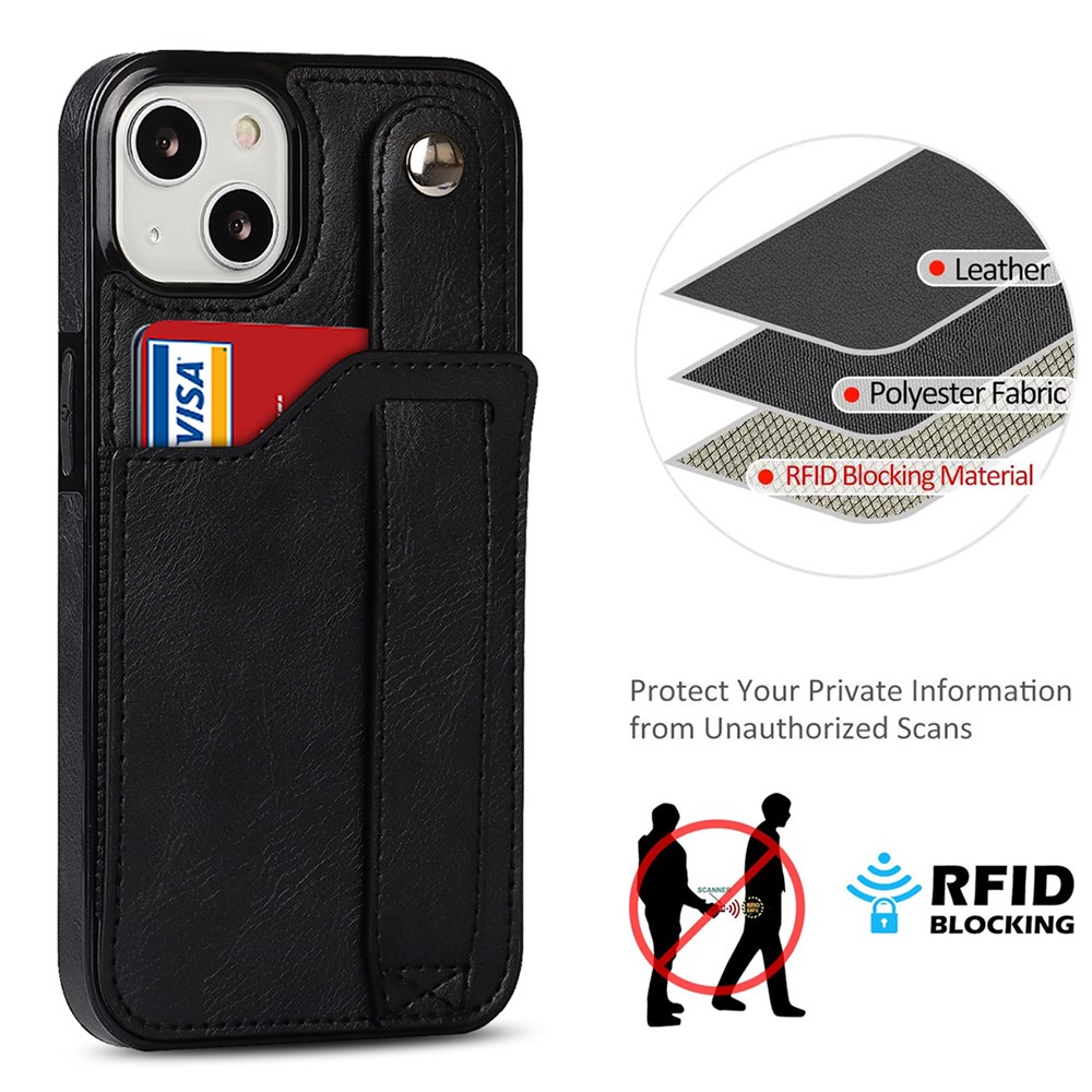 For iPhone 13 6.1 inch RFID Blocking Function Scratch-resistant Hand Strap Kickstand Design PU Leather Coated TPU Cover with Card Slot - Black-9