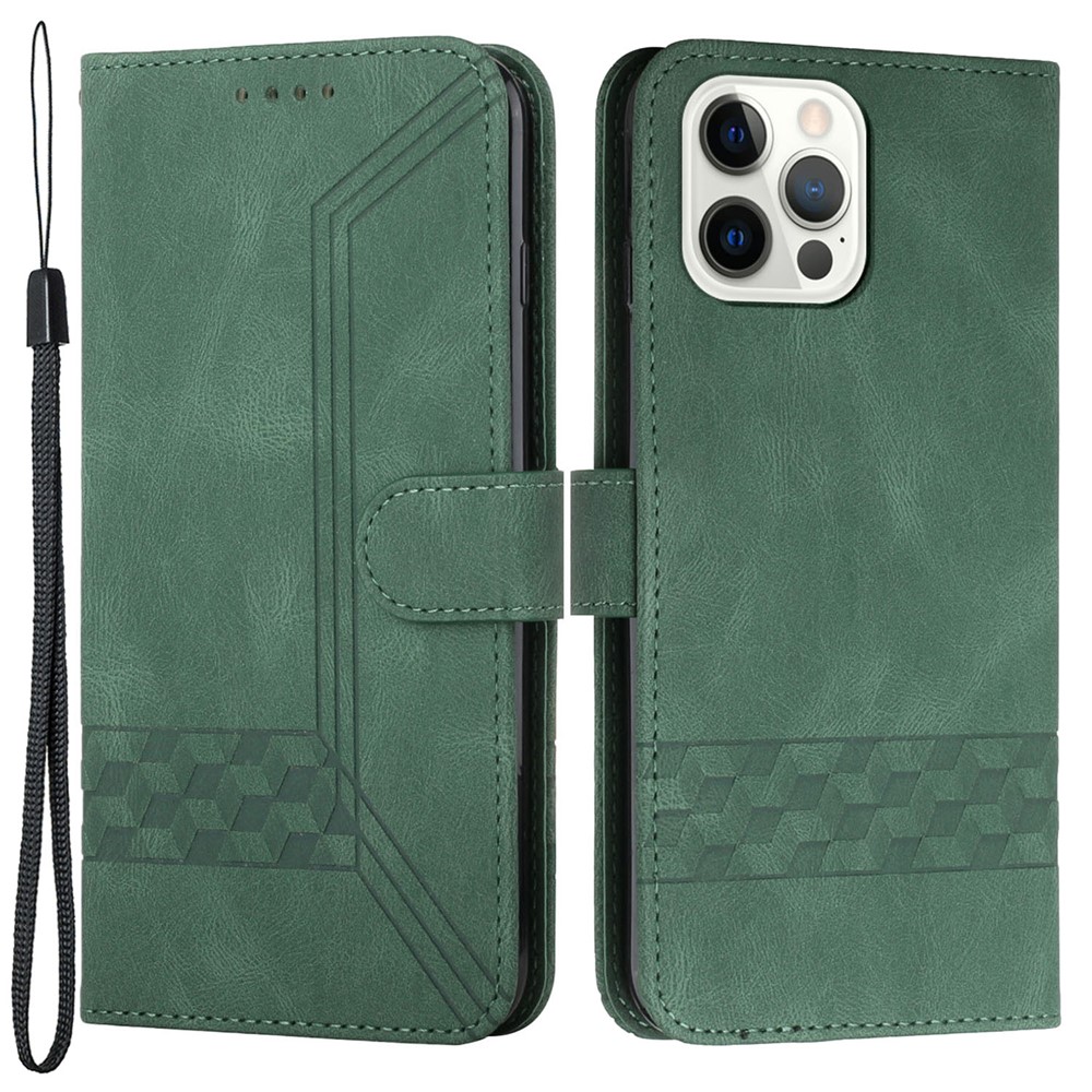 YX 0010 Scratch-resistant Wallet Stand Rhombus and Lines Imprinting Skin-touch Feel Leather Case Phone Cover for iPhone 13 Pro 6.1 inch - Green-1