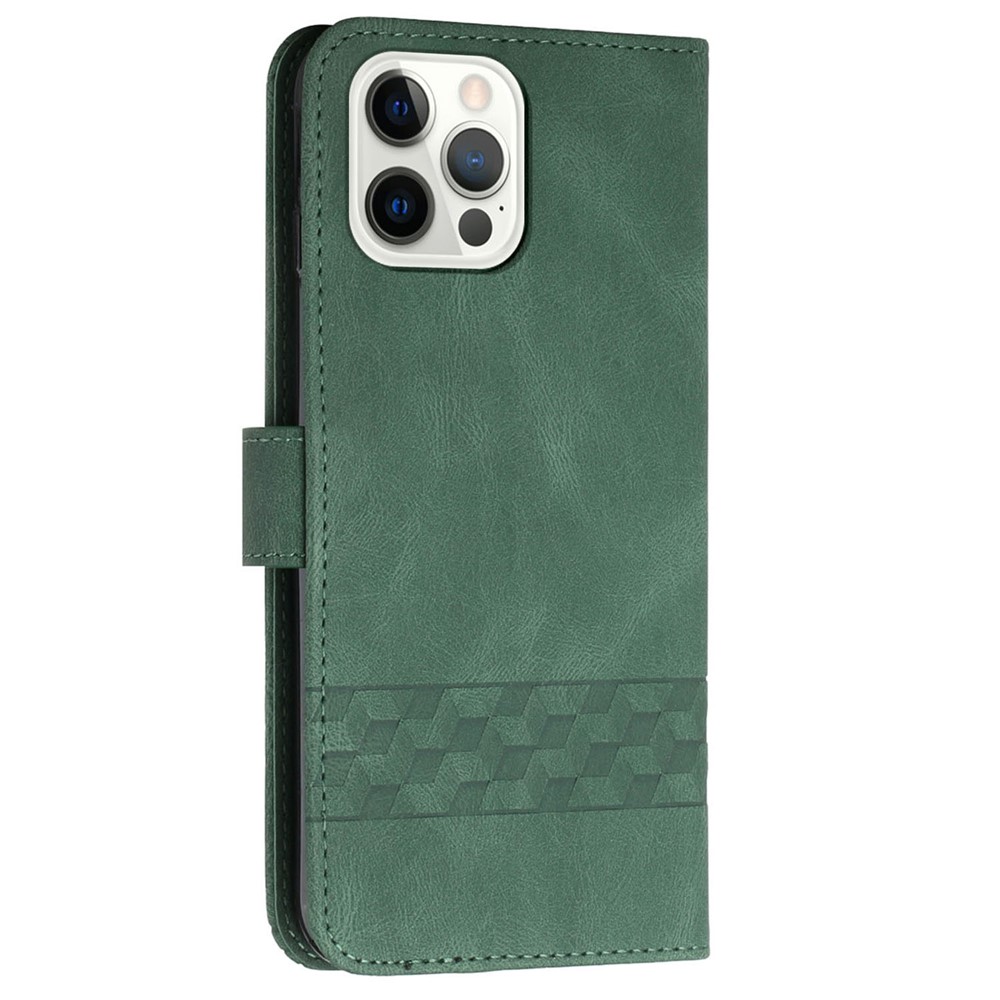YX 0010 Scratch-resistant Wallet Stand Rhombus and Lines Imprinting Skin-touch Feel Leather Case Phone Cover for iPhone 13 Pro 6.1 inch - Green-3