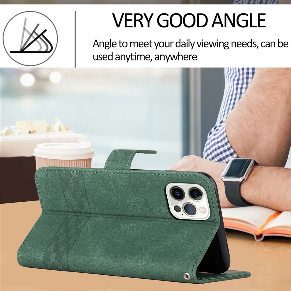 YX 0010 Scratch-resistant Wallet Stand Rhombus and Lines Imprinting Skin-touch Feel Leather Case Phone Cover for iPhone 13 Pro 6.1 inch - Green-4
