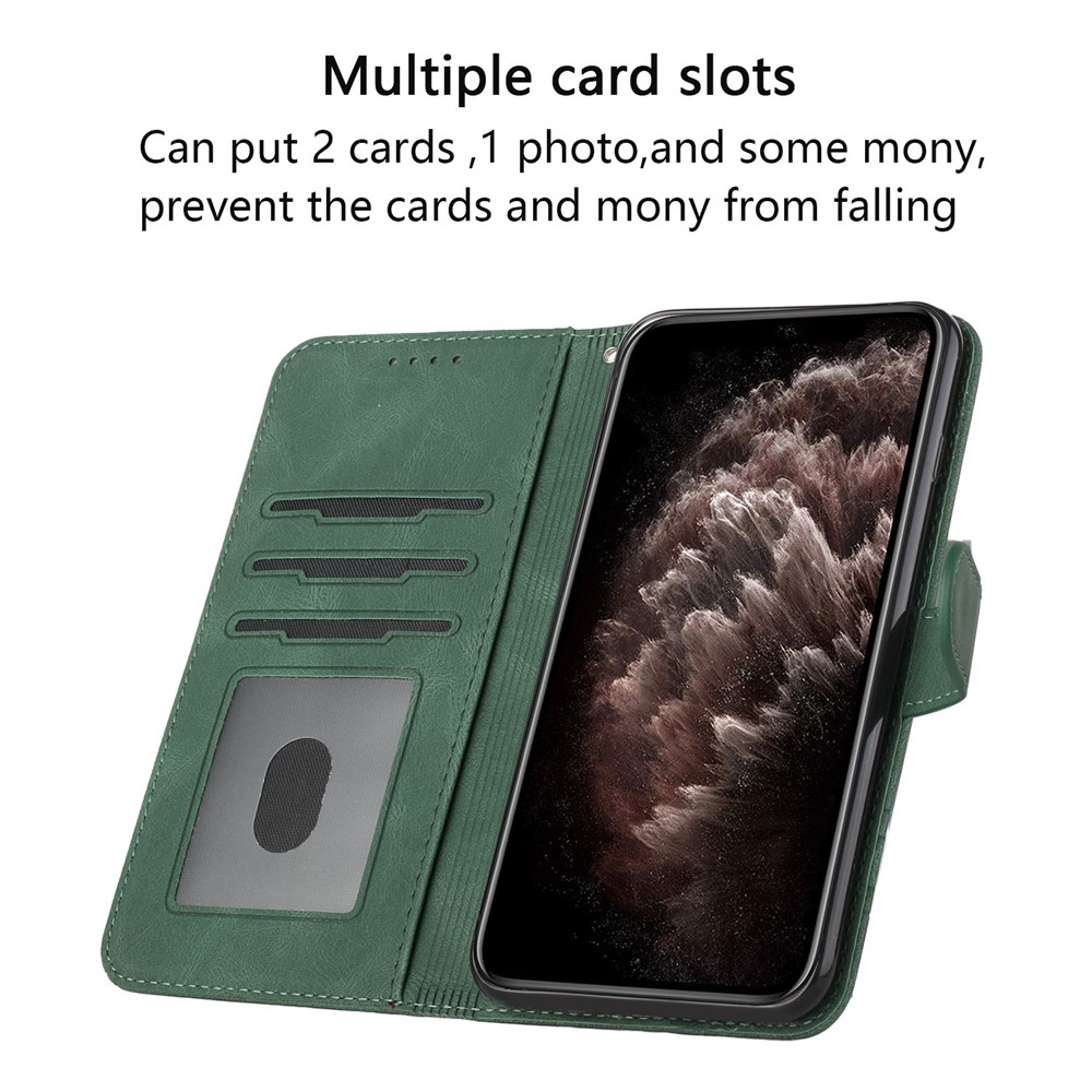 YX 0010 Scratch-resistant Wallet Stand Rhombus and Lines Imprinting Skin-touch Feel Leather Case Phone Cover for iPhone 13 Pro 6.1 inch - Green-5