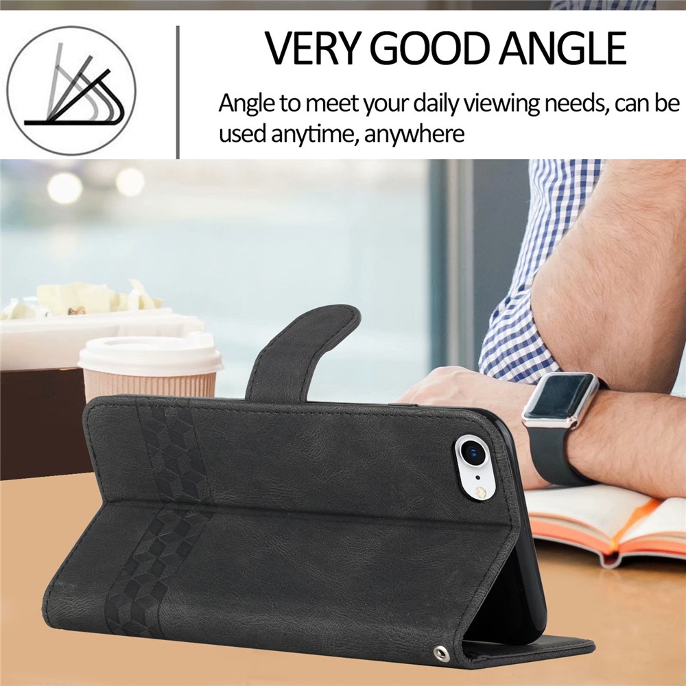 YX 0010 Stace Touch Stant Feelting Rhombus y Líneas Impresión de Cuero Pu+tpu Wallet Case Para Iphone SE (2022)/SE (2020)/8/7/6 - Negro-5