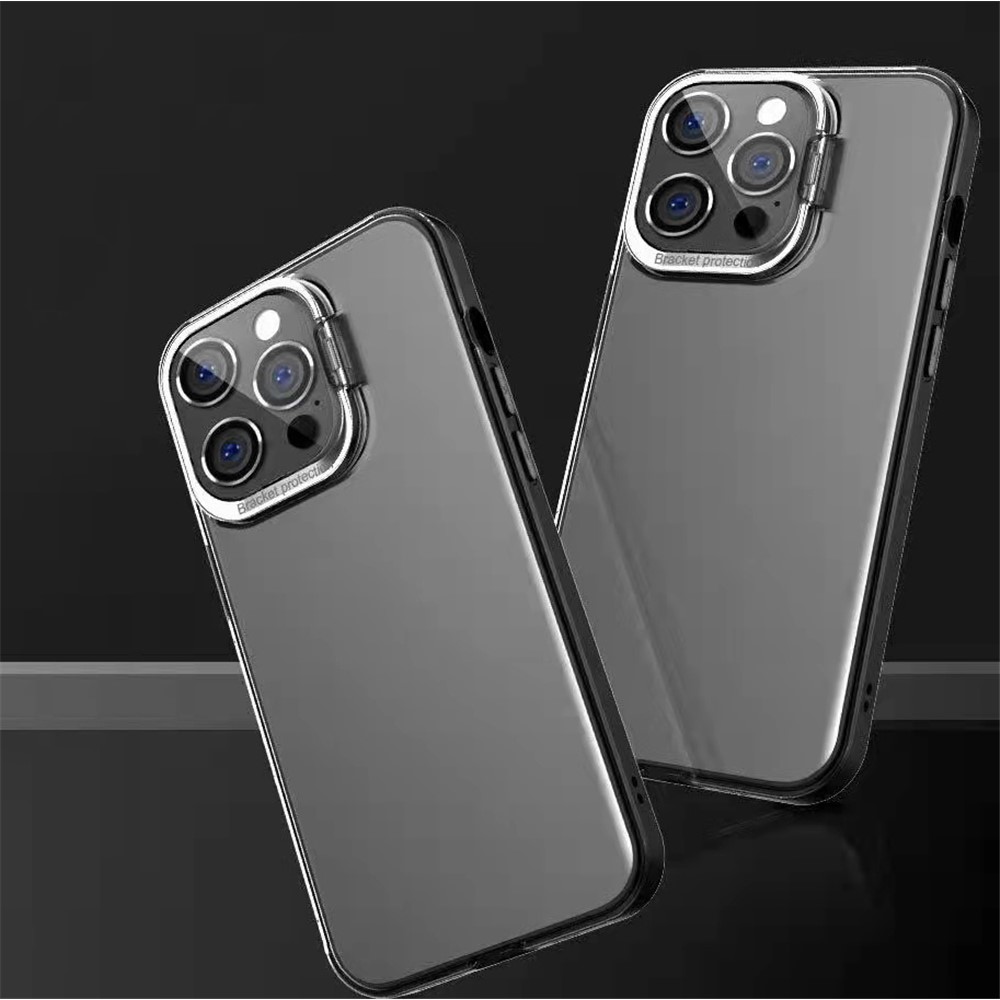 MOCOLO K20 Matte Translucent Surface Anti-fall Skin Touch Lens Frame Kickstand PC+TPU Case for iPhone 13 Pro Max 6.7 inch - Transparent Grey-2