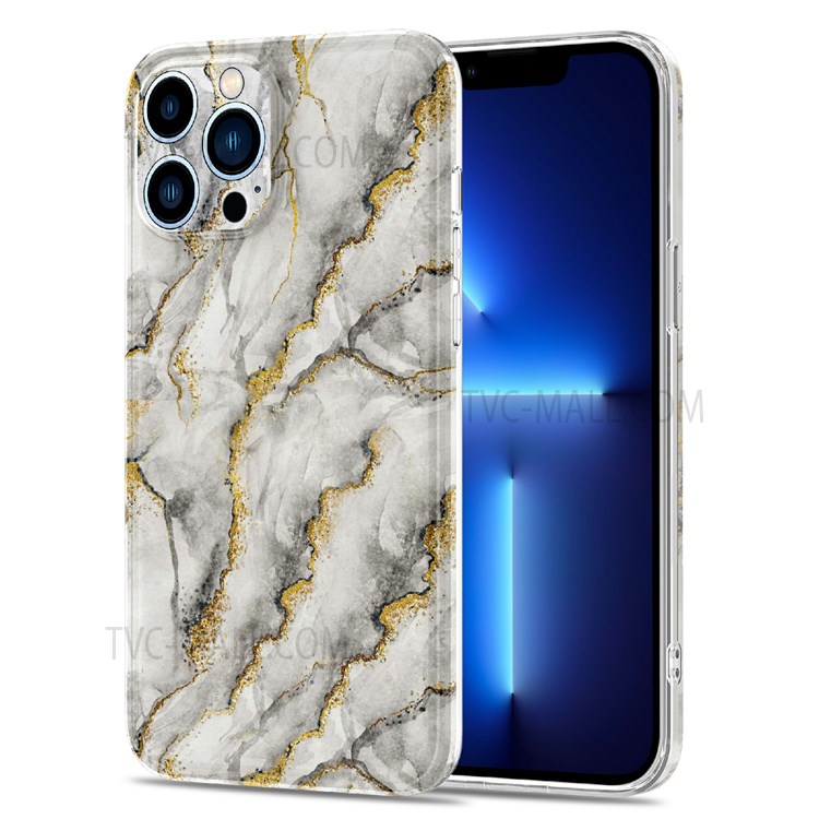 For iPhone 13 Pro Max 6.7 inch Gilding Decor Marble Pattern Design Shockproof Soft Flexible TPU Phone Case Cover - White-1
