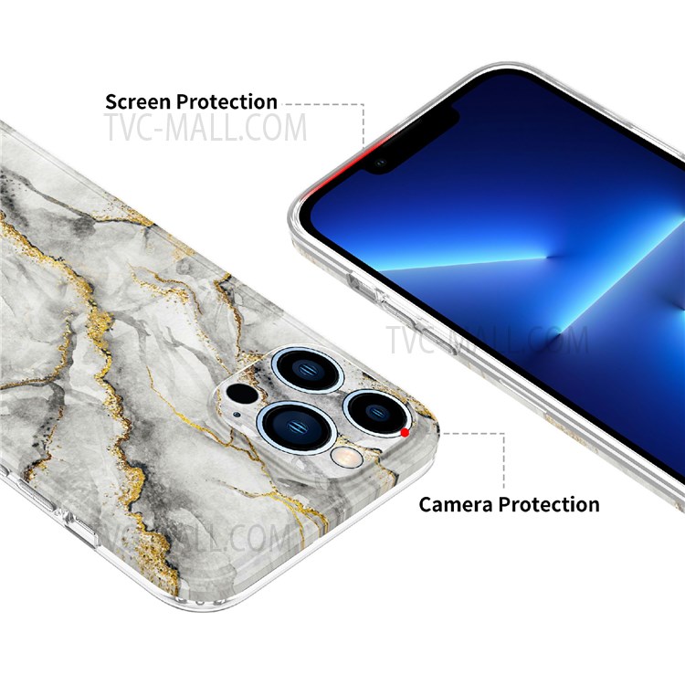 For iPhone 13 Pro Max 6.7 inch Gilding Decor Marble Pattern Design Shockproof Soft Flexible TPU Phone Case Cover - White-3