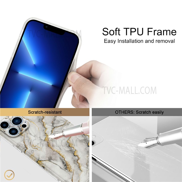 For iPhone 13 Pro Max 6.7 inch Gilding Decor Marble Pattern Design Shockproof Soft Flexible TPU Phone Case Cover - White-6