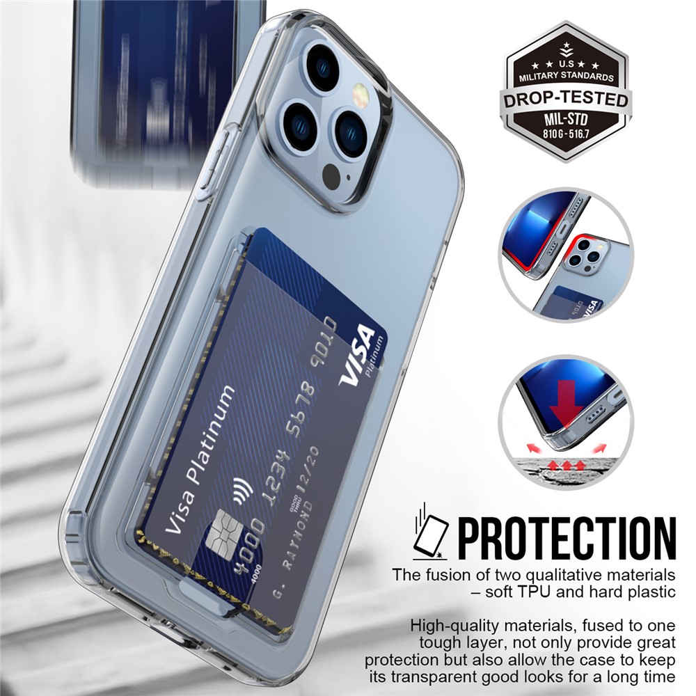 GW18 Card Holder Transparent Thickened Phone TPU Case Cover for iPhone 13 Pro Max 6.7 inch - Transparent Black-8