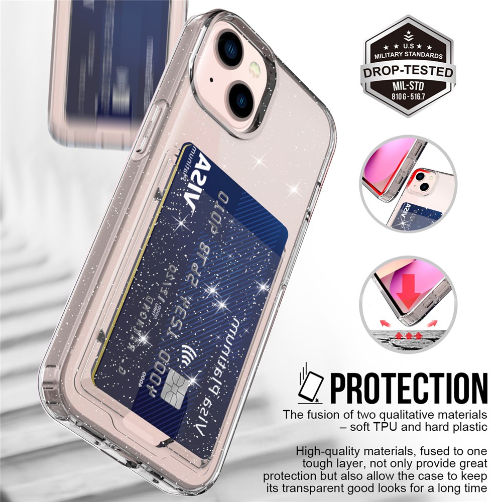 GW18 Soft TPU Cover Back Card Slot Scratch-resistant Glittery Clear Phone Case Shell for iPhone 13 6.1 inch - Transparent Black-5