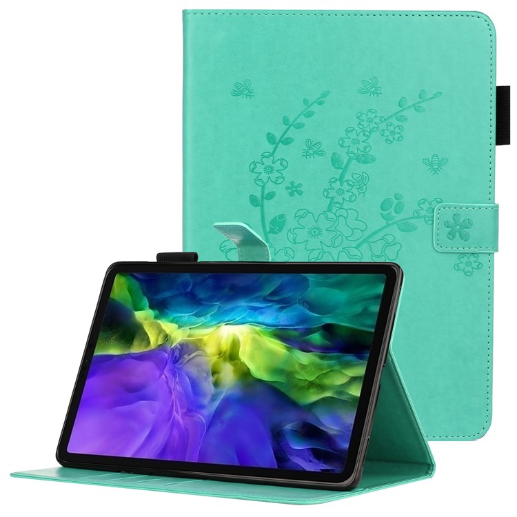 Imprinting Plum Blossom Pattern PU Leather + TPU Tablet Cover Protective Case with Stand Wallet for iPad Pro 11 (2022) /  (2021) / (2020) / (2018) - Cyan