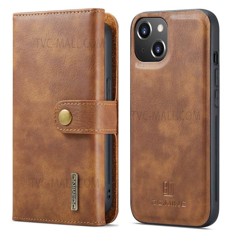 DG.MING Detachable 2-in-1 Design Tri-fold Wallet Style Split Leather Phone Case with Stand for iPhone 13 mini 5.4 inch - Brown-1