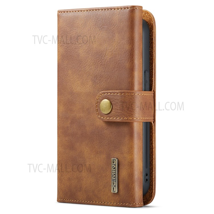 DG.MING Detachable 2-in-1 Design Tri-fold Wallet Style Split Leather Phone Case with Stand for iPhone 13 mini 5.4 inch - Brown-2