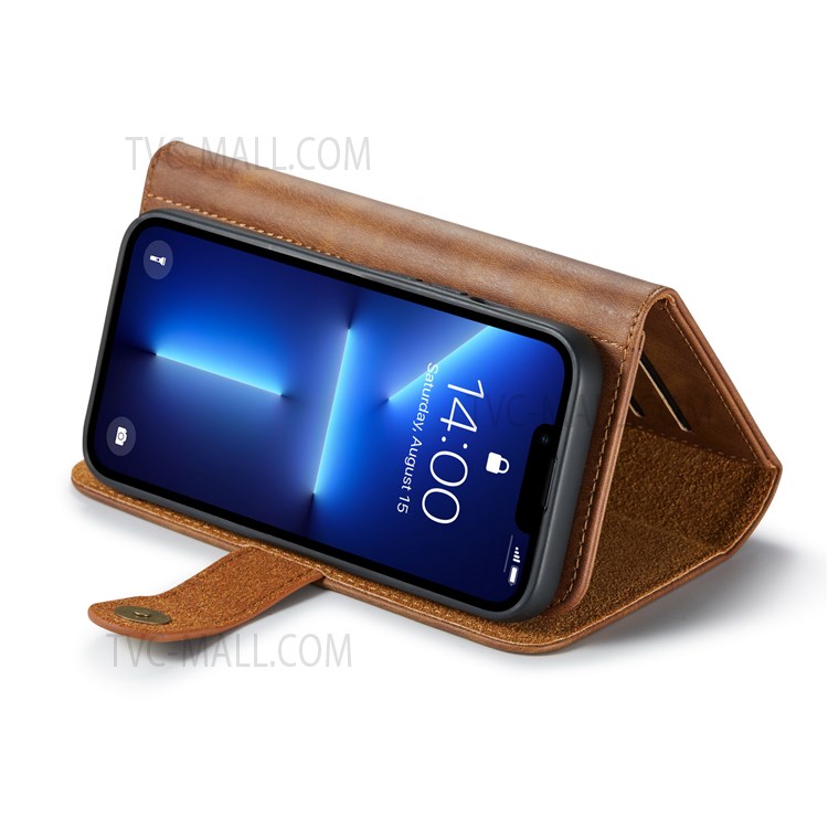 DG.MING Detachable 2-in-1 Design Tri-fold Wallet Style Split Leather Phone Case with Stand for iPhone 13 mini 5.4 inch - Brown-4