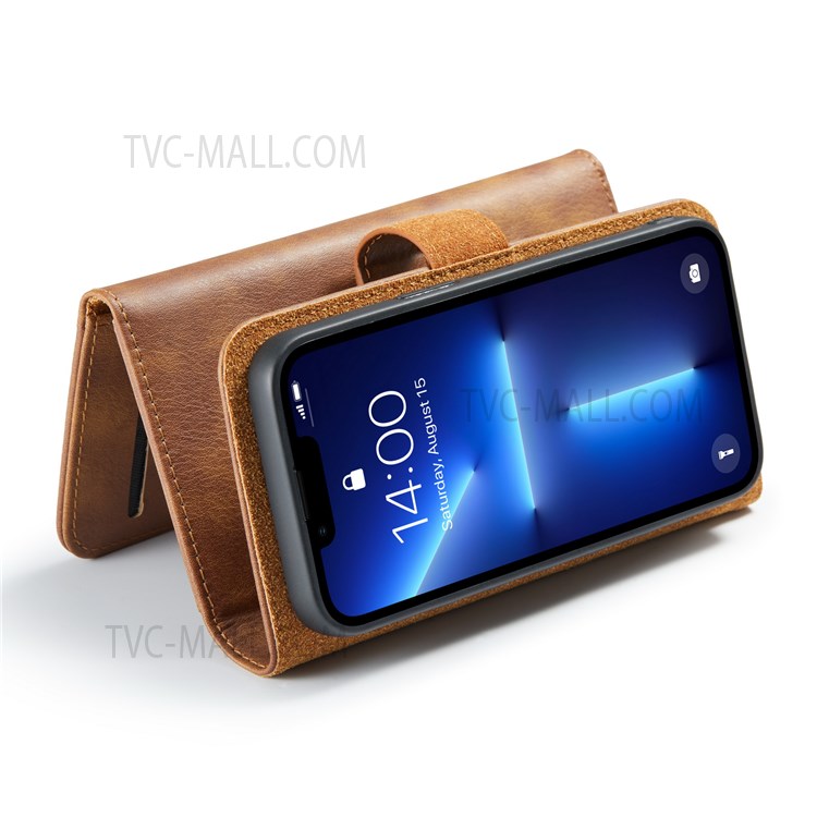 DG.MING Detachable 2-in-1 Design Tri-fold Wallet Style Split Leather Phone Case with Stand for iPhone 13 mini 5.4 inch - Brown-5