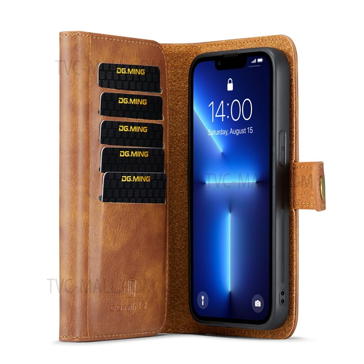 DG.MING Detachable 2-in-1 Design Tri-fold Wallet Style Split Leather Phone Case with Stand for iPhone 13 mini 5.4 inch - Brown-6