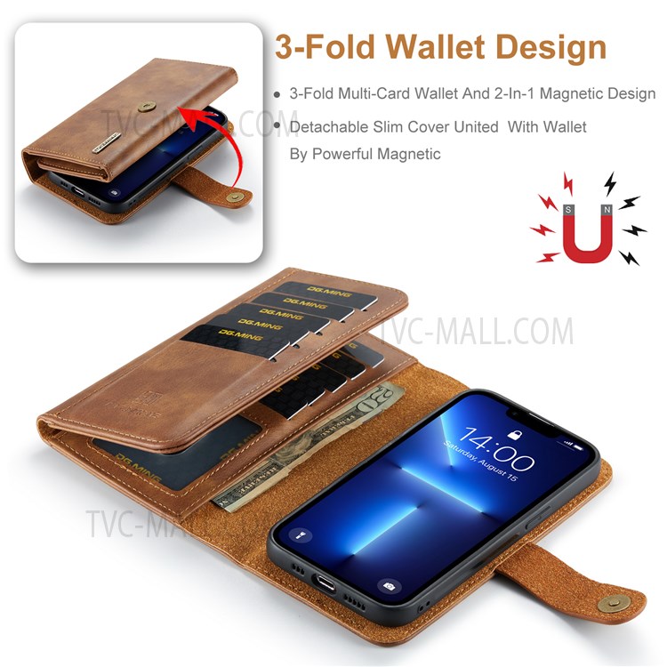 DG.MING Detachable 2-in-1 Design Tri-fold Wallet Style Split Leather Phone Case with Stand for iPhone 13 mini 5.4 inch - Brown-7