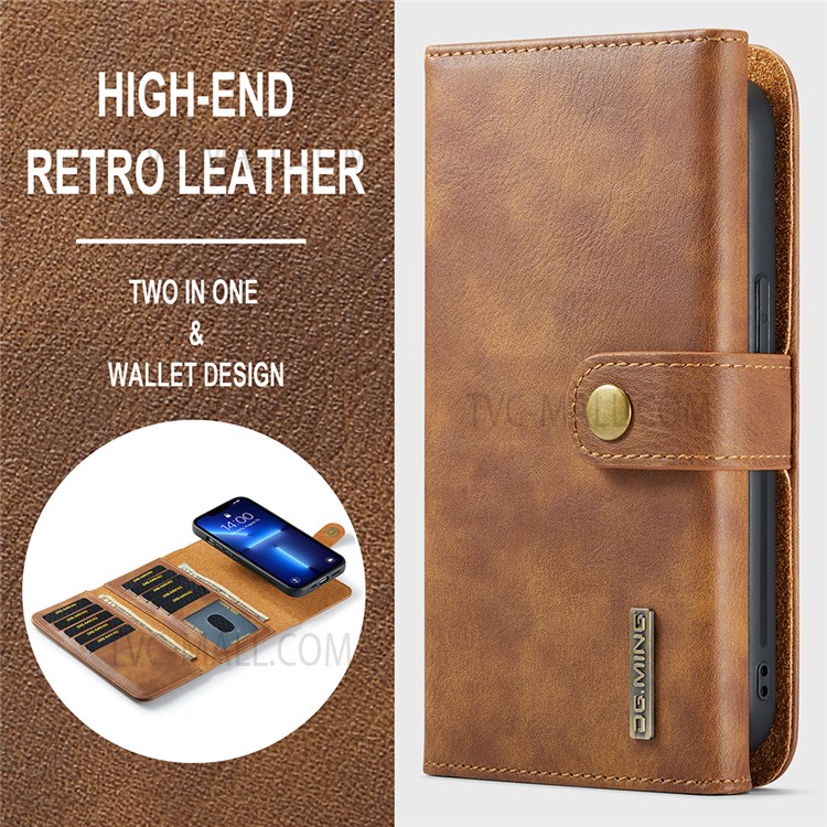 DG.MING Detachable 2-in-1 Design Tri-fold Wallet Style Split Leather Phone Case with Stand for iPhone 13 mini 5.4 inch - Brown-8