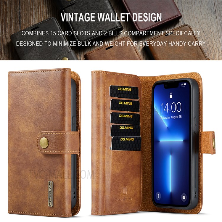 DG.MING Detachable 2-in-1 Design Tri-fold Wallet Style Split Leather Phone Case with Stand for iPhone 13 mini 5.4 inch - Brown-9