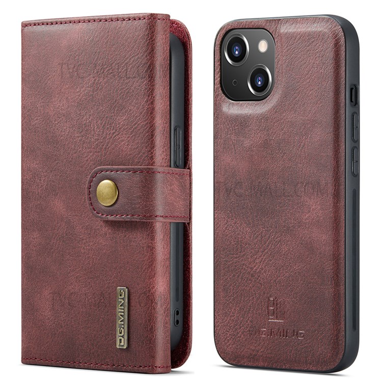 DG.MING Full Protection Wallet Style Split Leather Stand Cover Detachable Phone Case for iPhone 13 6.1 inch - Red-1