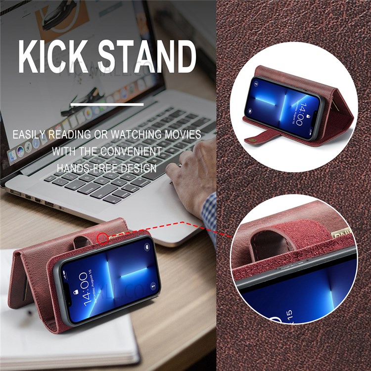 DG.MING Full Protection Wallet Style Split Leather Stand Cover Detachable Phone Case for iPhone 13 6.1 inch - Red-10