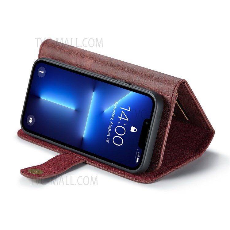 DG.MING Full Protection Wallet Style Split Leather Stand Cover Detachable Phone Case for iPhone 13 6.1 inch - Red-5