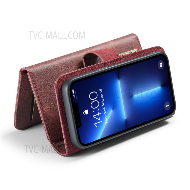 DG.MING Full Protection Wallet Style Split Leather Stand Cover Detachable Phone Case for iPhone 13 6.1 inch - Red-6