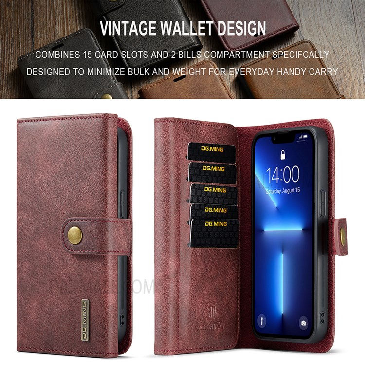 DG.MING Full Protection Wallet Style Split Leather Stand Cover Detachable Phone Case for iPhone 13 6.1 inch - Red-9