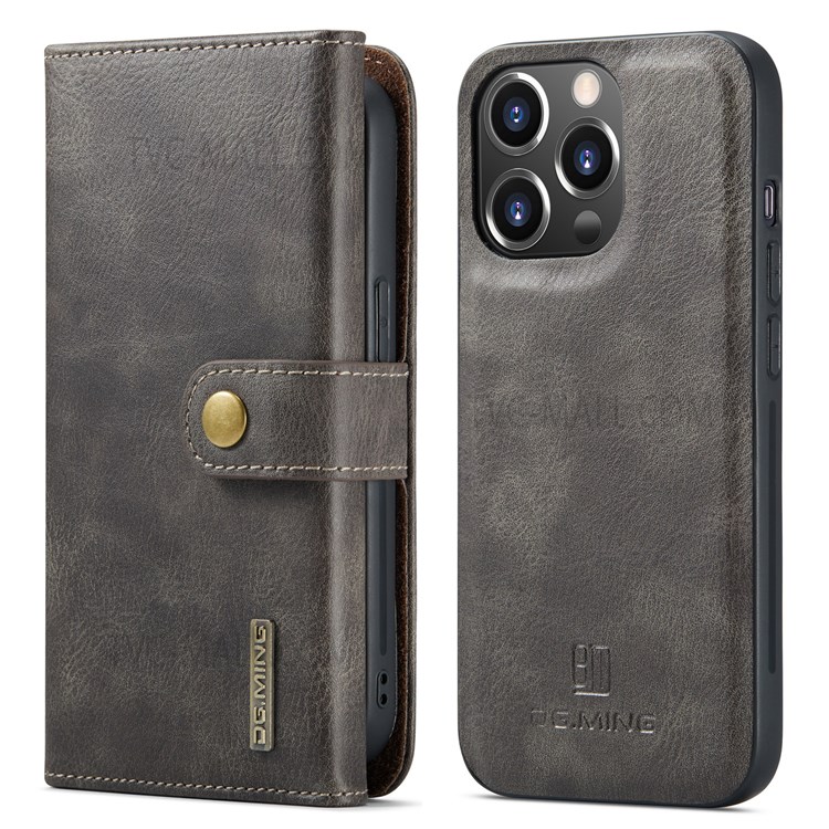DG.MING Tri-fold Wallet Style Detachable 2-in-1 Split Leather Stand Phone Case Protector for iPhone 13 Pro 6.1 inch - Coffee-1
