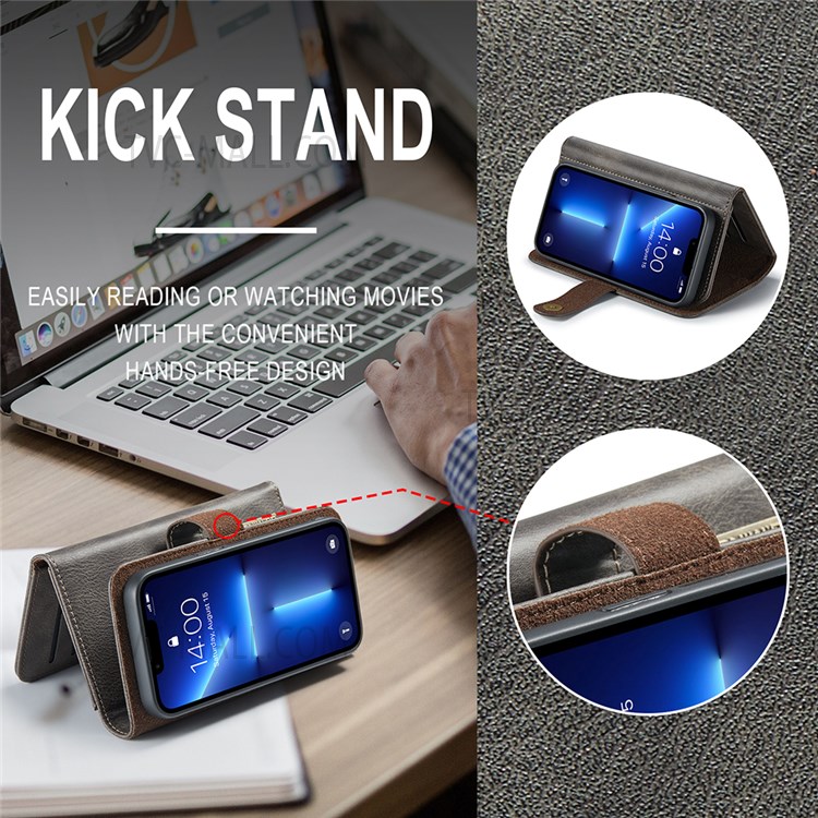 DG.MING Tri-fold Wallet Style Detachable 2-in-1 Split Leather Stand Phone Case Protector for iPhone 13 Pro 6.1 inch - Coffee-10