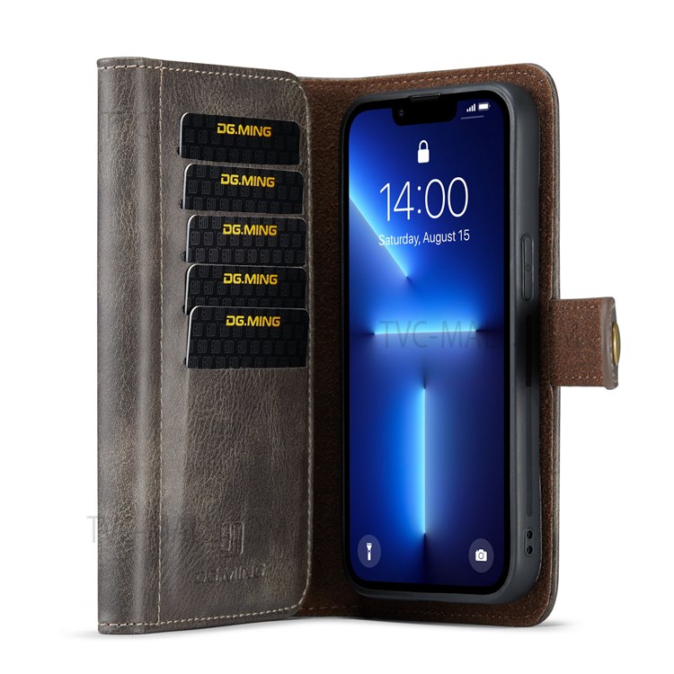 DG.MING Tri-fold Wallet Style Detachable 2-in-1 Split Leather Stand Phone Case Protector for iPhone 13 Pro 6.1 inch - Coffee-4