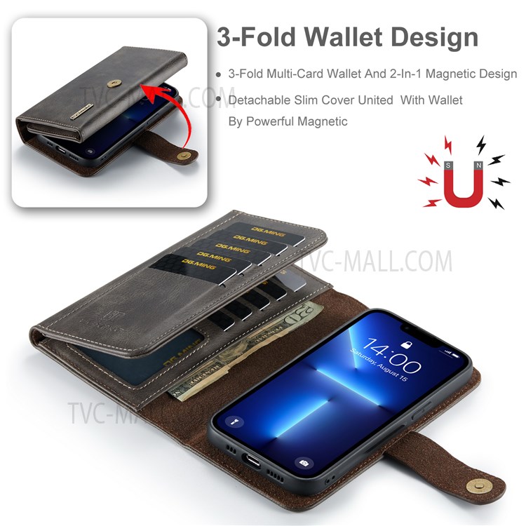 DG.MING Tri-fold Wallet Style Detachable 2-in-1 Split Leather Stand Phone Case Protector for iPhone 13 Pro 6.1 inch - Coffee-7