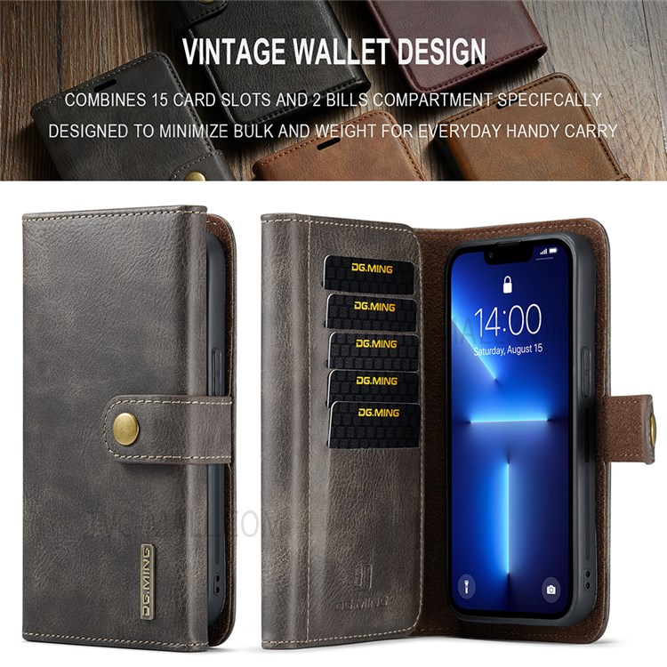 DG.MING Tri-fold Wallet Style Detachable 2-in-1 Split Leather Stand Phone Case Protector for iPhone 13 Pro 6.1 inch - Coffee-9