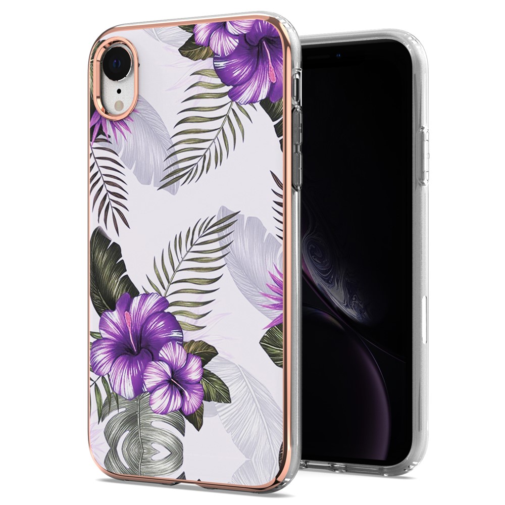 For iPhone XR 6.1 inch Scratch-resistant Anti-fall Marble Design Electroplating IMD IML Soft TPU Phone Case - Purple Flowers