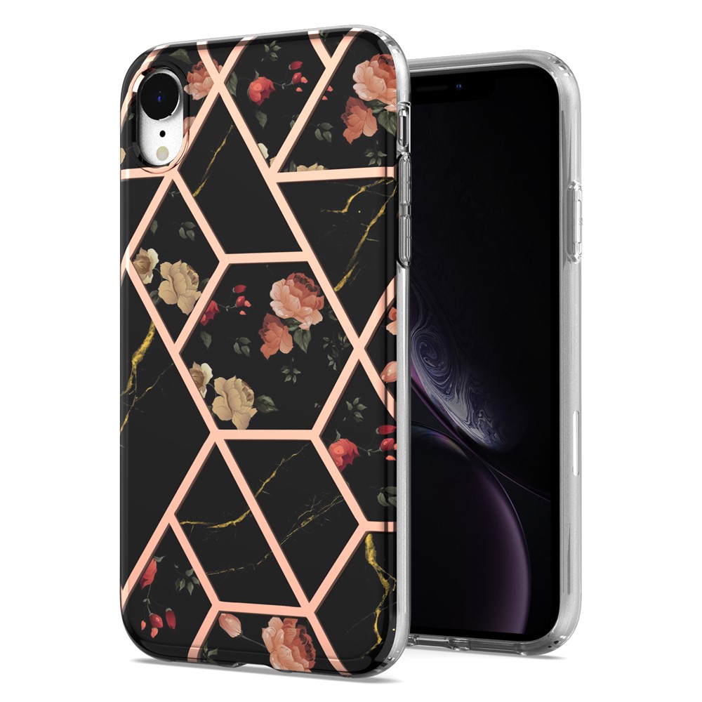 For iPhone XR 6.1 inch Scratch-resistant Anti-fall Marble Design Electroplating IMD IML Soft TPU Phone Case - Black Flowers