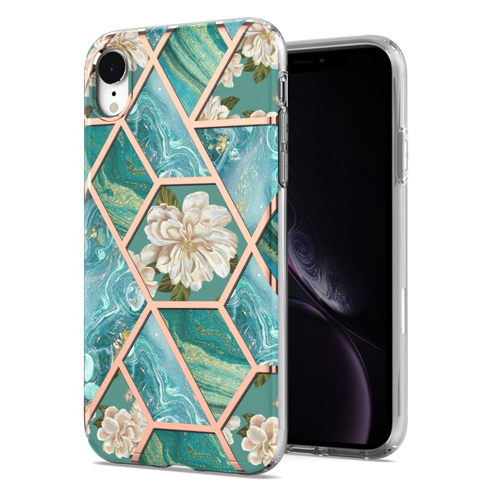 For iPhone XR 6.1 inch Scratch-resistant Anti-fall Marble Design Electroplating IMD IML Soft TPU Phone Case - Blue Flowers