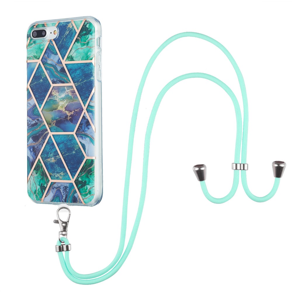 2.0mm TPU Phone Cover Anti-Drop Electroplating IMD Marble Splicing Pattern with Lanyard for iPhone 7 Plus 5.5 inch/8 Plus 5.5 inch - Blue/Green-1