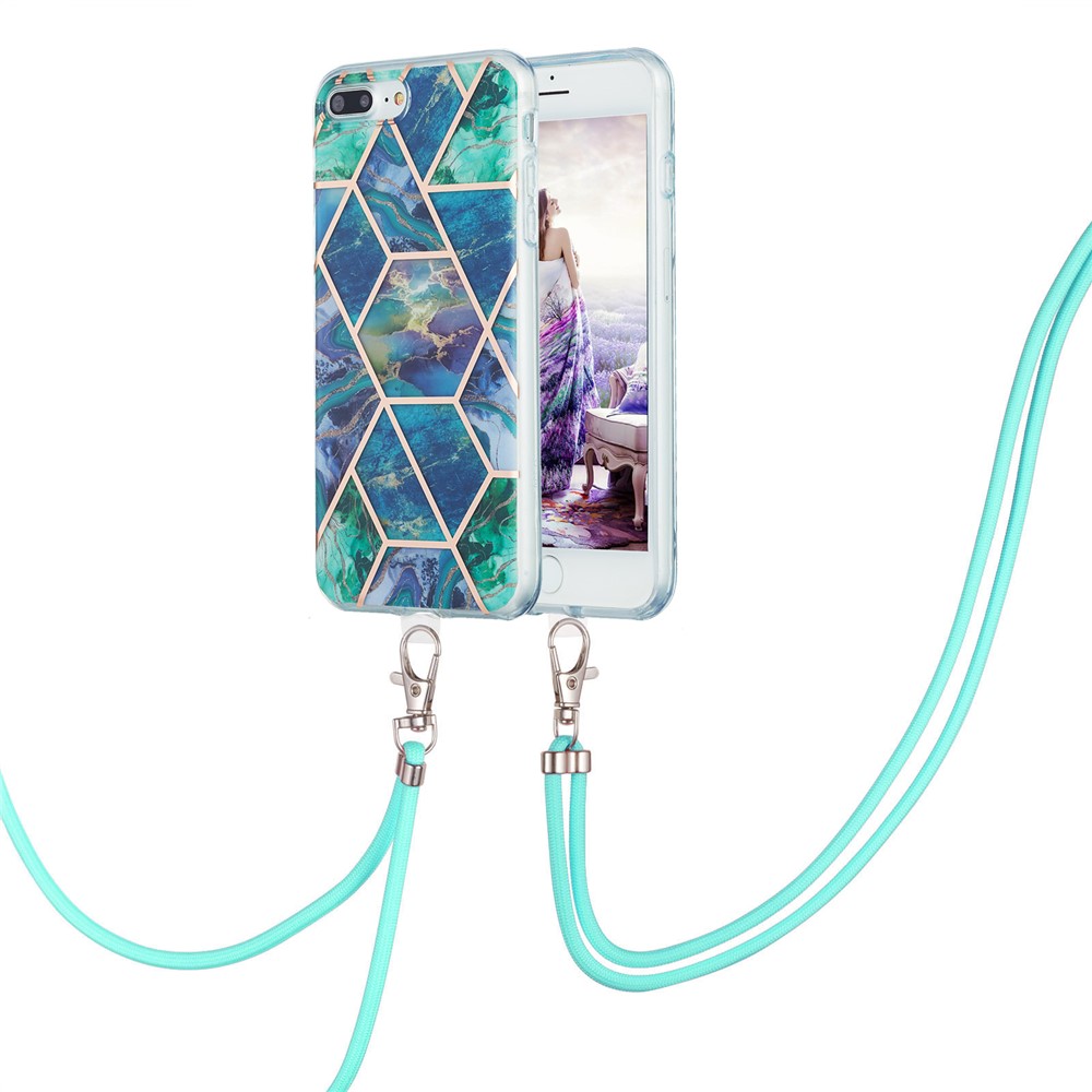 2.0mm TPU Phone Cover Anti-Drop Electroplating IMD Marble Splicing Pattern with Lanyard for iPhone 7 Plus 5.5 inch/8 Plus 5.5 inch - Blue/Green-2