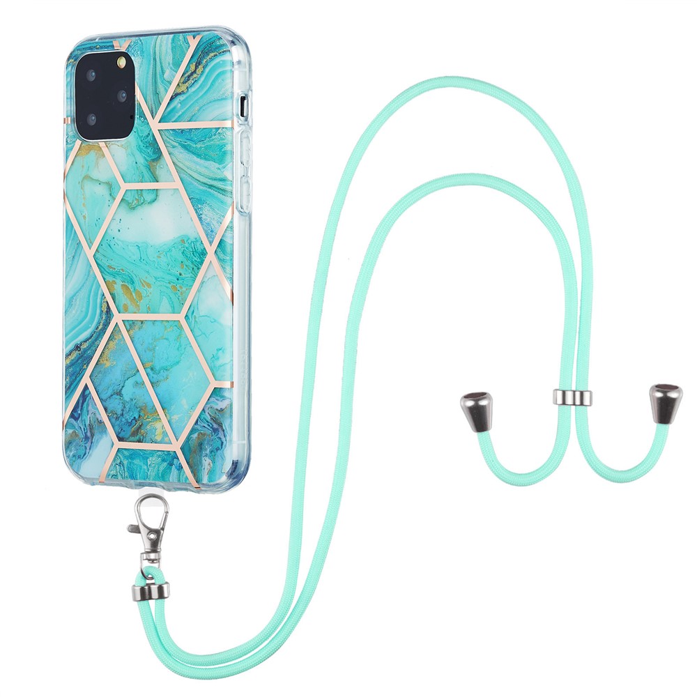 2.0mm TPU Phone Cover Scratch-Resistant Electroplating IMD Marble Splicing Pattern + Lanyard for iPhone 11 Pro 5.8 inch - Blue-1