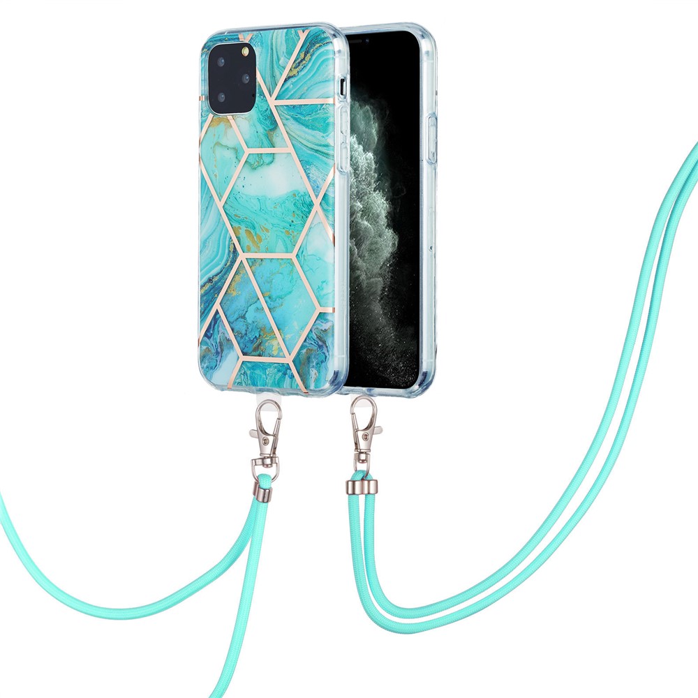2.0mm TPU Phone Cover Scratch-Resistant Electroplating IMD Marble Splicing Pattern + Lanyard for iPhone 11 Pro 5.8 inch - Blue-2