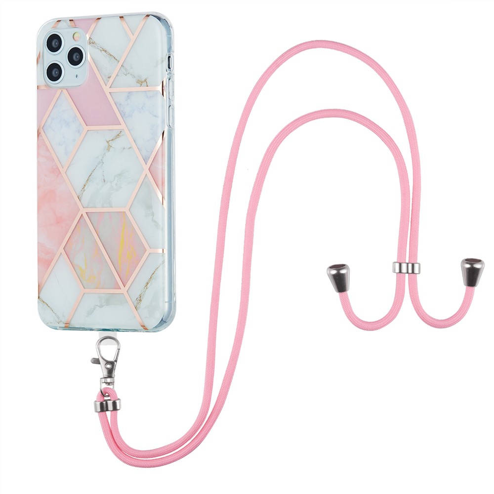 2.0mm IMD TPU Phone Cover Splicing Marble Pattern + Lanyard Electroplating Case for iPhone 11 Pro Max 6.5 inch - Pink/White-1