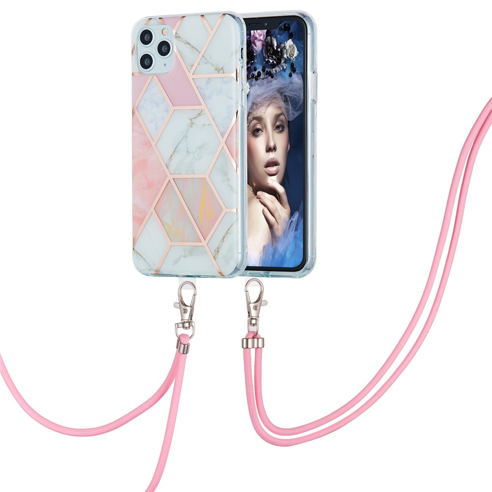 2.0mm IMD TPU Phone Cover Splicing Marble Pattern + Lanyard Electroplating Case for iPhone 11 Pro Max 6.5 inch - Pink/White-2