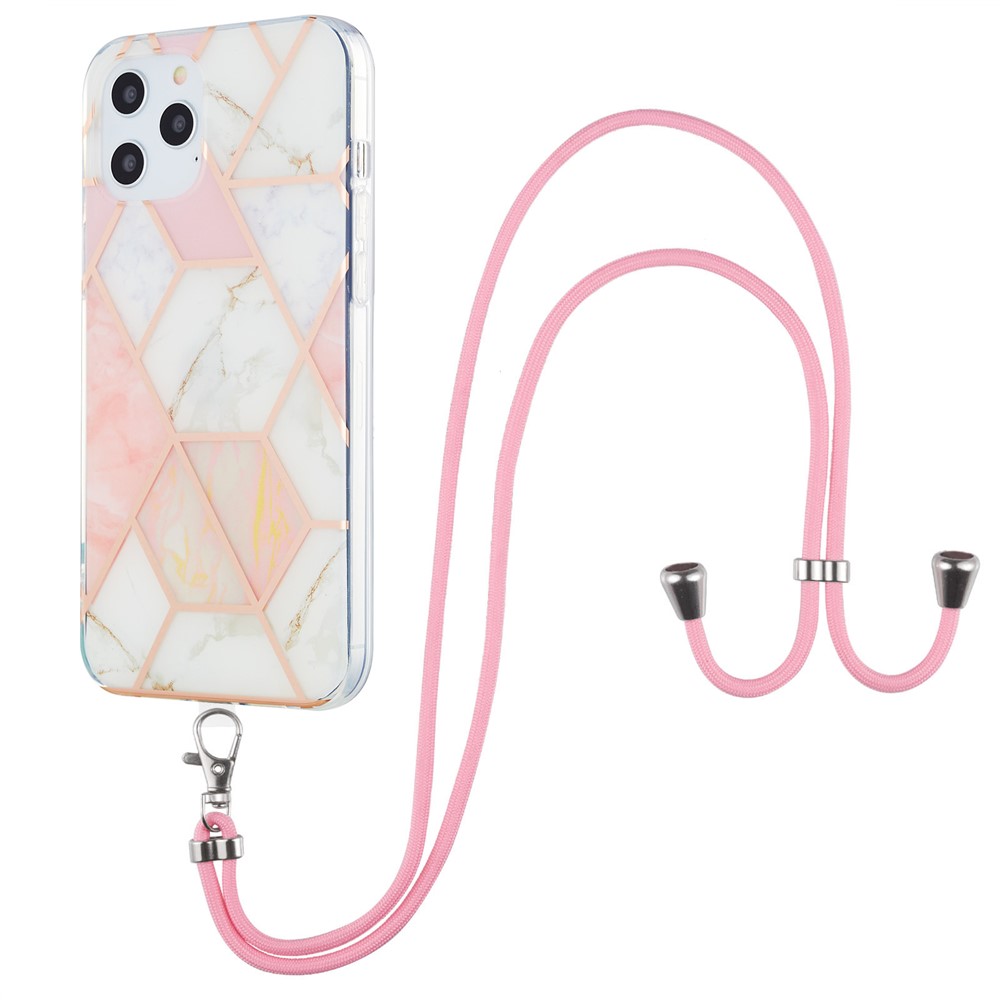 2.0mm IMD TPU Phone Cover Splicing Marble Pattern + Lanyard Anti-Fall Electroplating Case for iPhone 12 Pro Max 6.7 inch - Pink/White-1