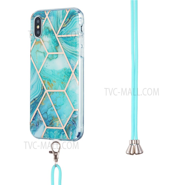 2.0mm IMD TPU Phone Cover + Lanyard Splicing Marble Pattern Electroplating Ultra Slim Case for iPhone X/XS 5.8 inch - Blue-3