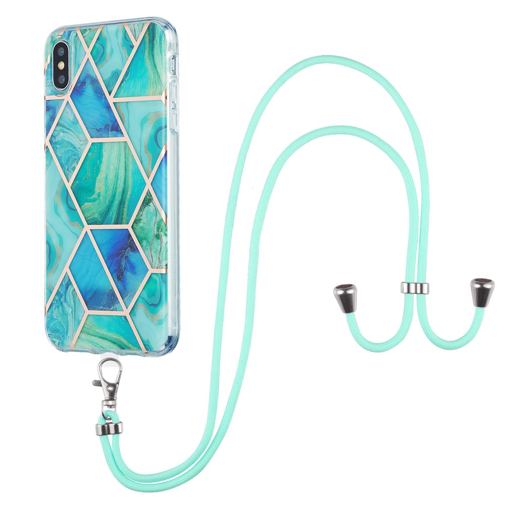Flexible Electroplating TPU Phone Cover + Lanyard 2.0mm IMD Splicing Marble Pattern Non-Yellowing Case for iPhone XS Max 6.5 inch - Green-1
