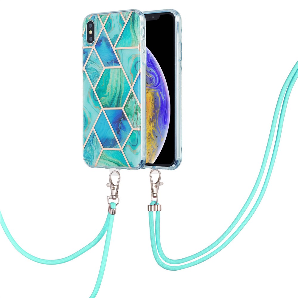 Flexible Electroplating TPU Phone Cover + Lanyard 2.0mm IMD Splicing Marble Pattern Non-Yellowing Case for iPhone XS Max 6.5 inch - Green-2
