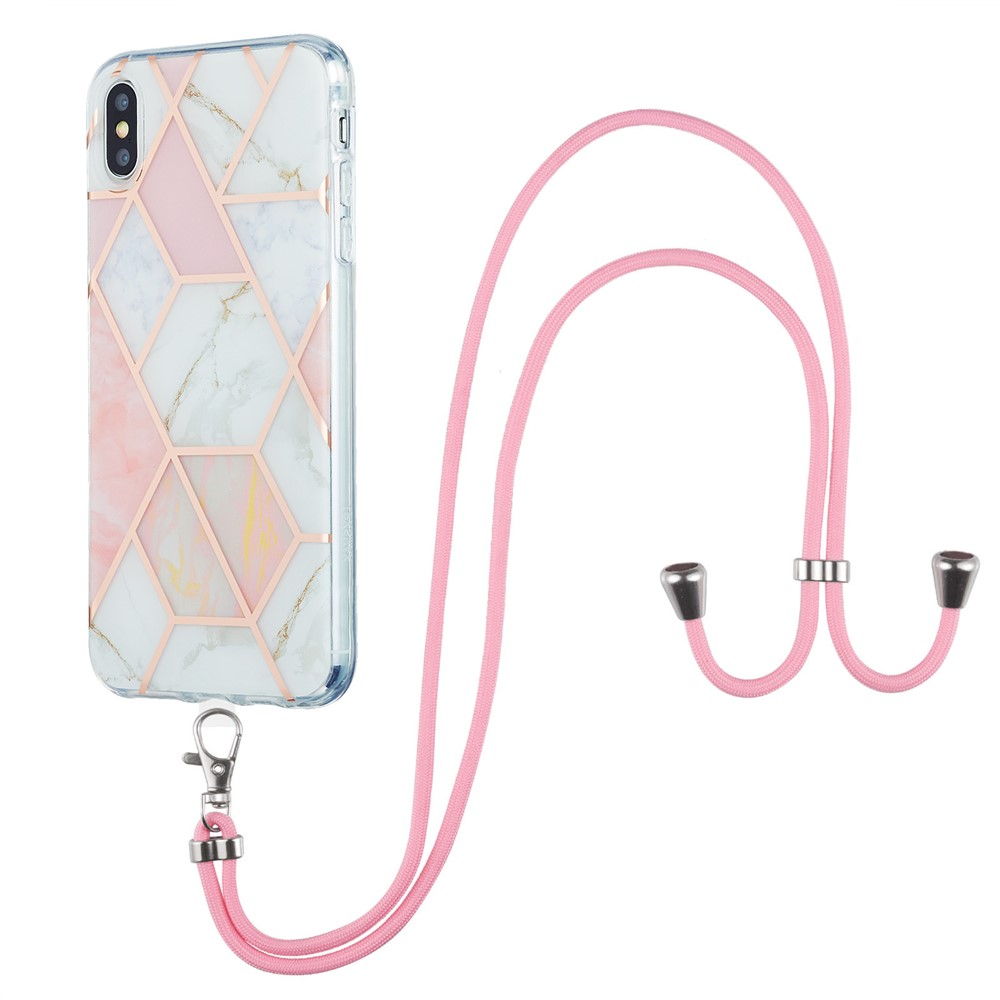 Flexible Electroplating TPU Phone Cover + Lanyard 2.0mm IMD Splicing Marble Pattern Non-Yellowing Case for iPhone XS Max 6.5 inch - Pink/White