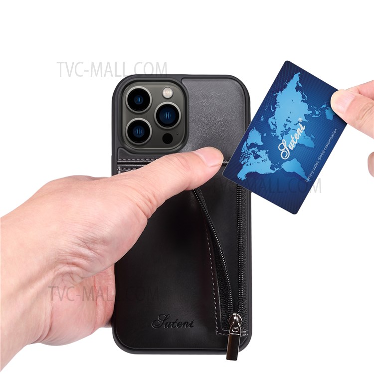 SUTENI 225 Series Shockproof Zippered Wallet Design TPU+Leather Hybrid Case Shell for iPhone 13 Pro 6.1 inch - Black-2